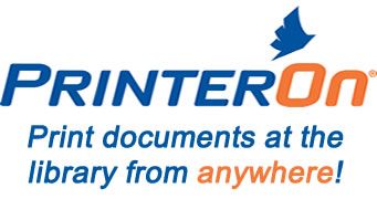 A logo for printeron that says print documents at the library from anywhere