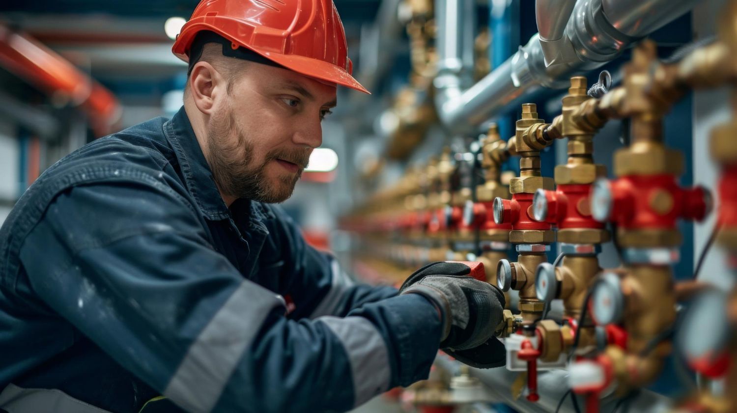 A worker in a hard hat and work uniform adjusts valves on a row of pipes in an industrial setting.