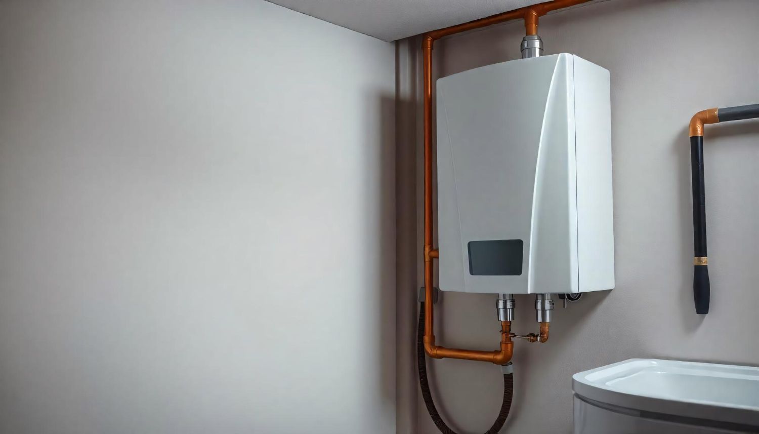 White tankless water heater mounted on a beige wall with copper pipes connected.