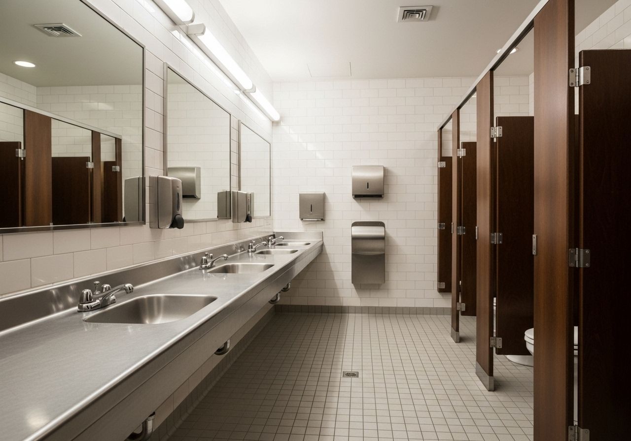 Public restroom with multiple sinks, mirrors, and stalls with closed doors.
