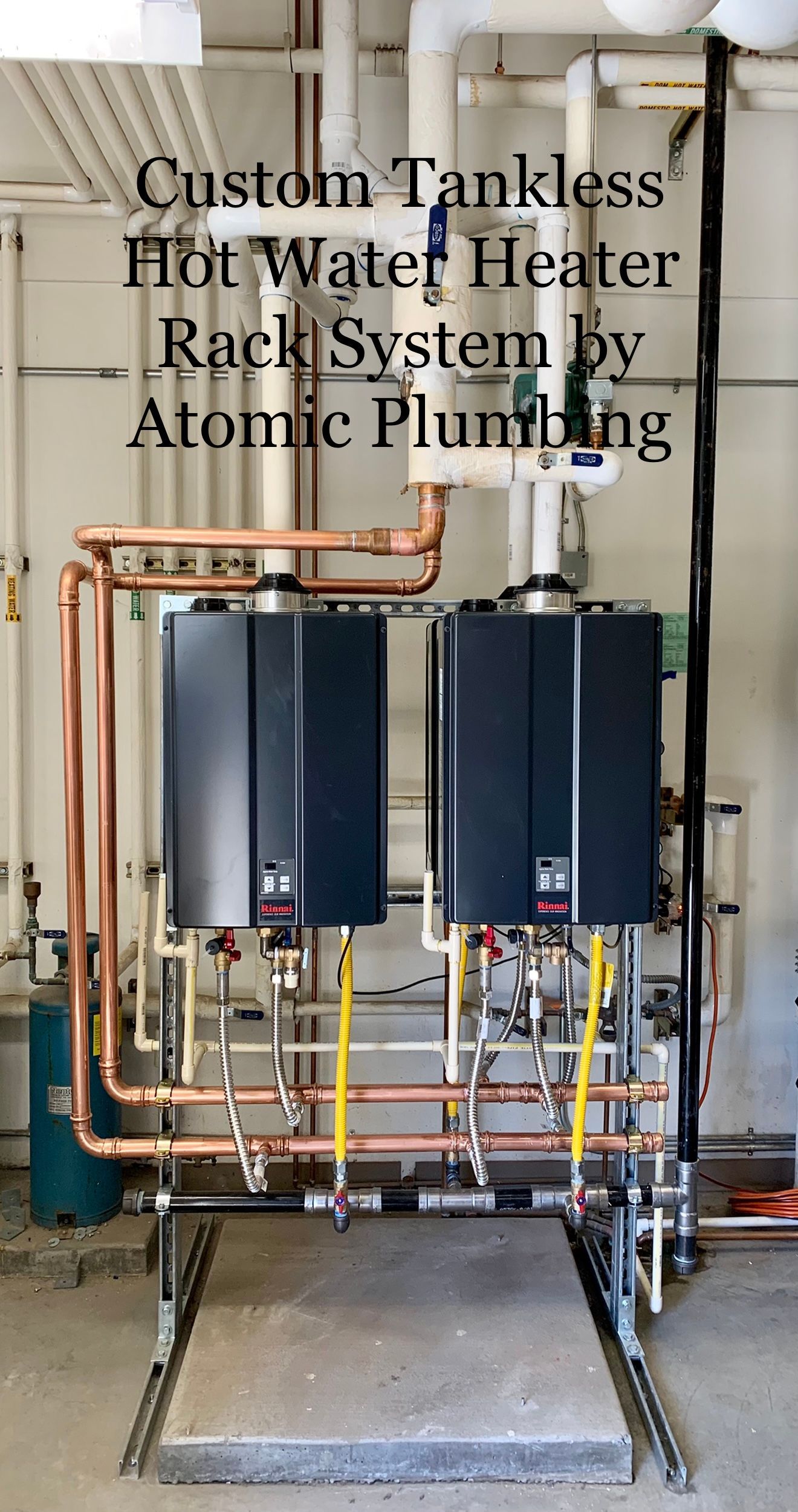 A custom tankless hot water heater rack system by atomic plumbing