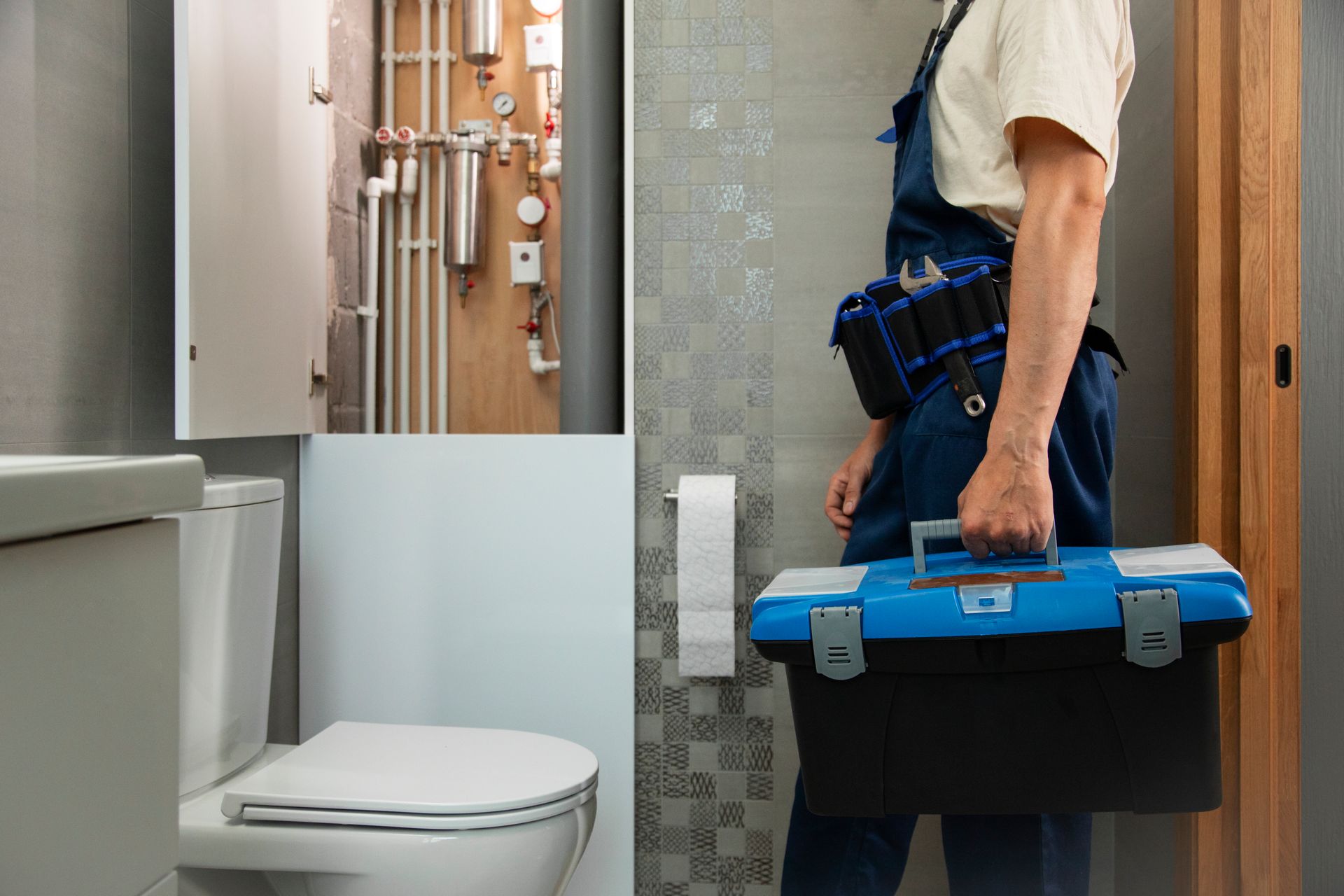 A plumber is holding a toolbox in a bathroom next to a toilet.