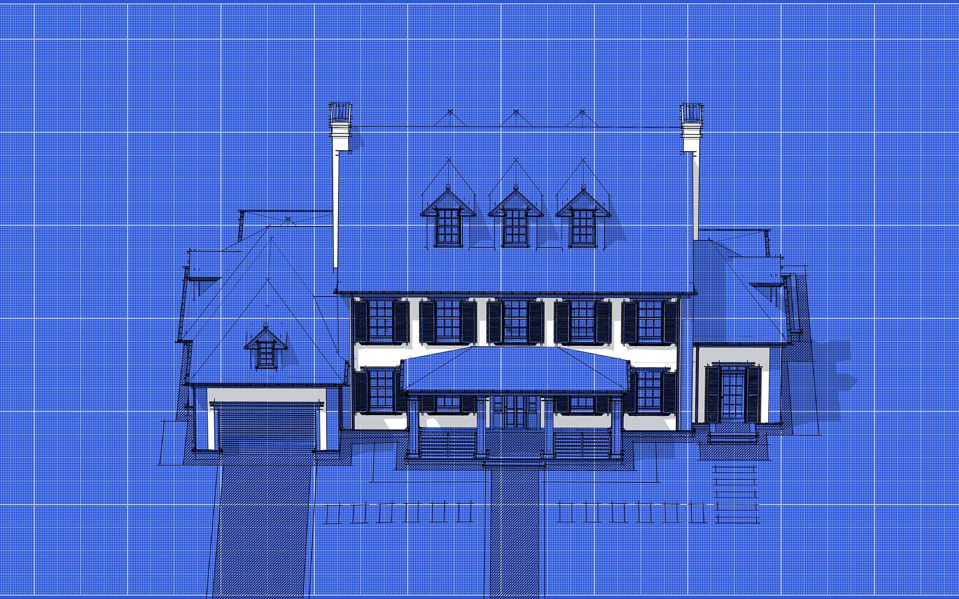A blueprint of a building on a blue background.