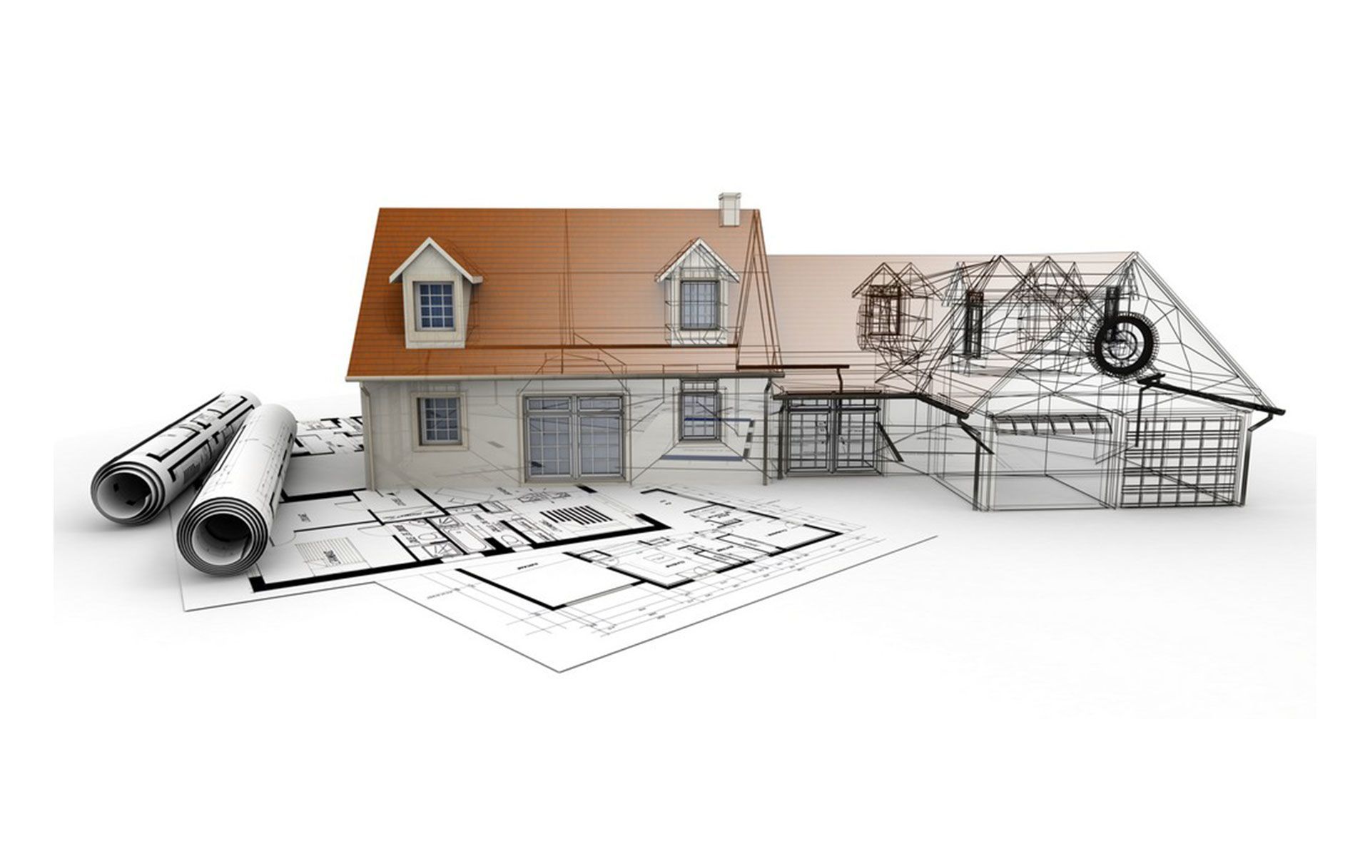 A 3d model of a house is sitting on top of a blueprint.