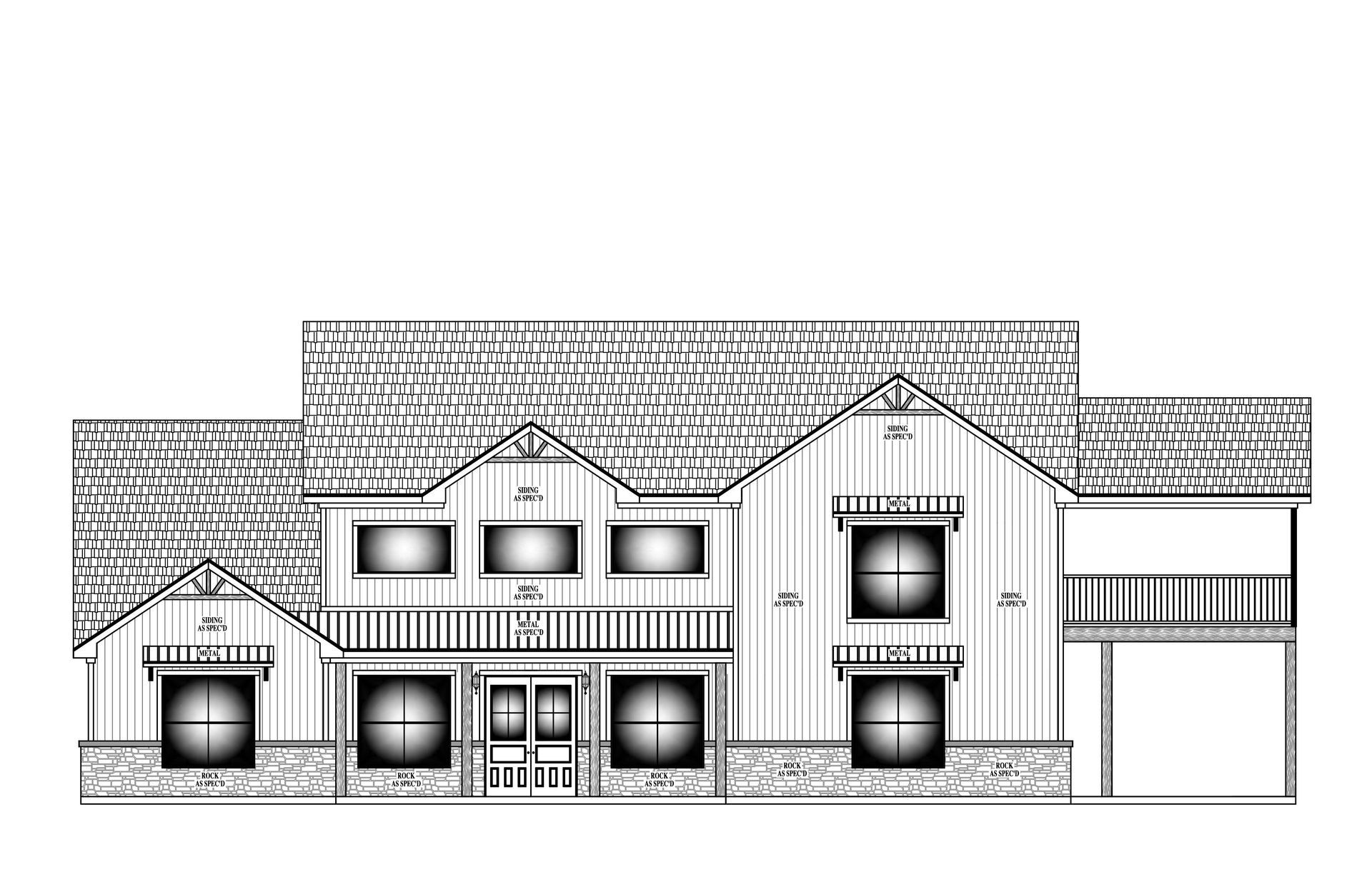 A black and white drawing of a house on a white background.