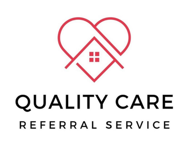 Logo: Red heart and house outline above "Quality Care Referral Service" in black text.