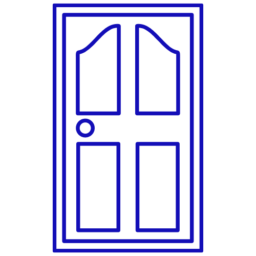 A blue line drawing of a door on a white background.
