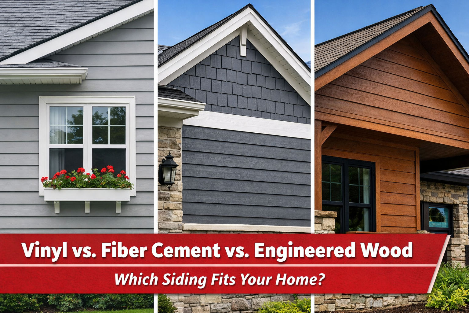 Comparison image of vinyl, fiber cement, and engineered wood siding on three homes