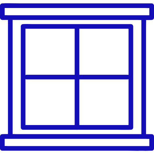 A blue icon of a window with four squares on a white background.