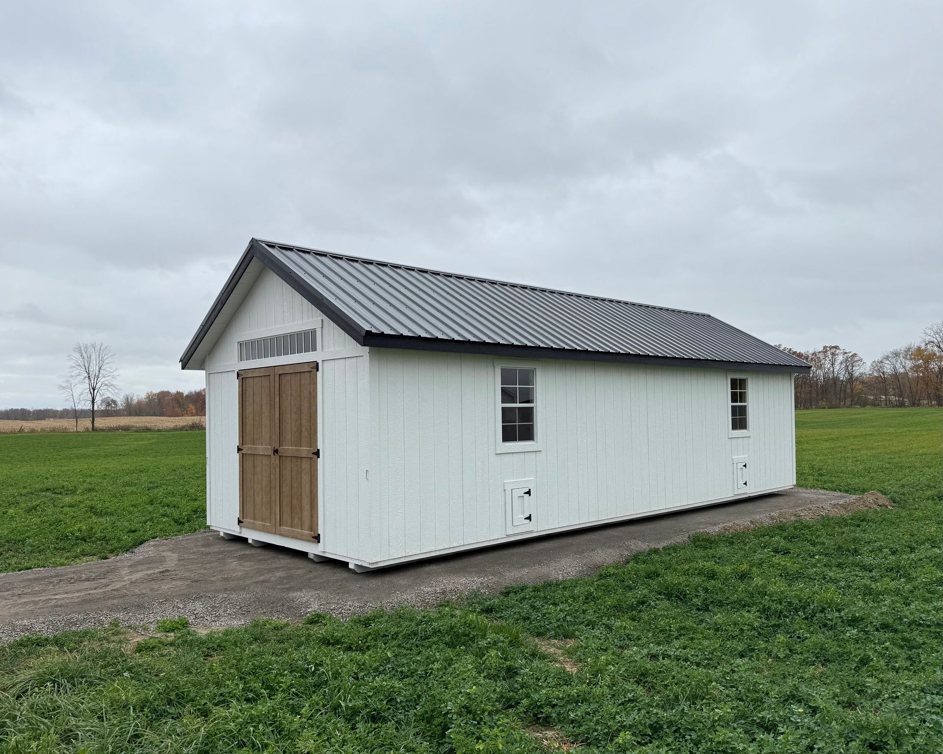 A white shed with a black roof is sitting in the middle of a grassy field.