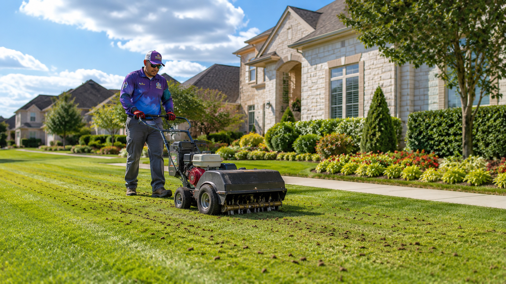 Red lawn mower deck over green grass with scattered leaves