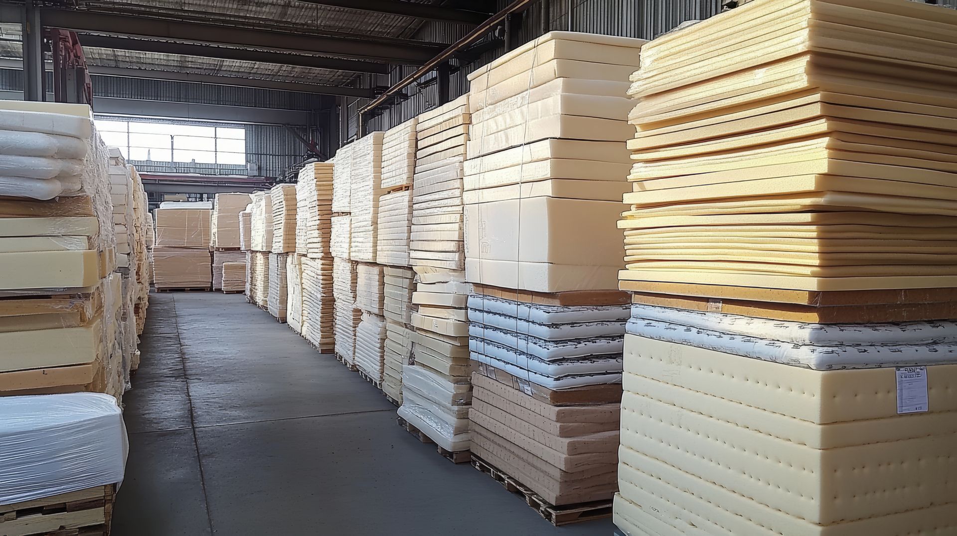 A warehouse filled with lots of wooden pallets stacked on top of each other.