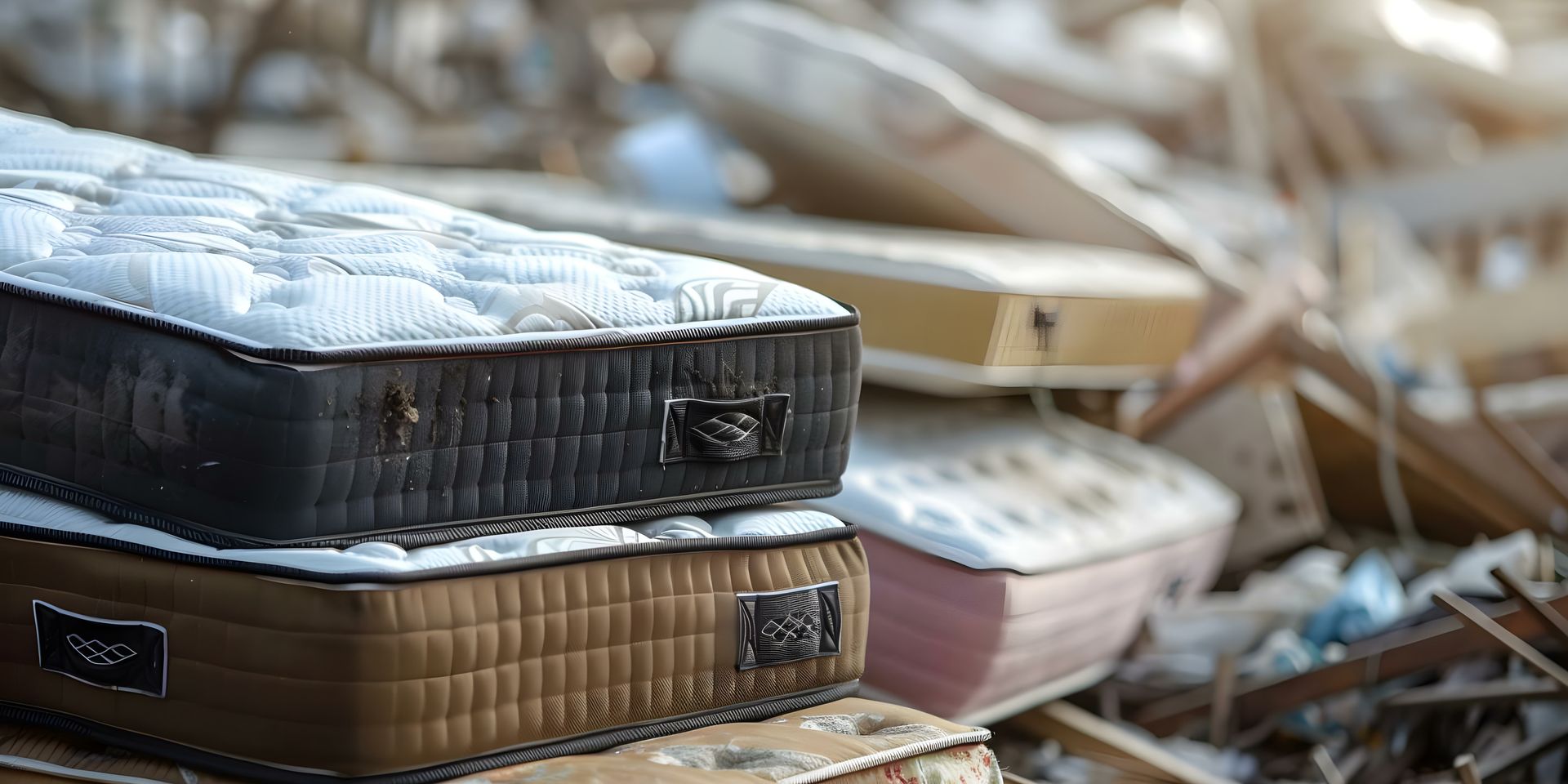 A mattress is sitting on top of a pile of mattresses.