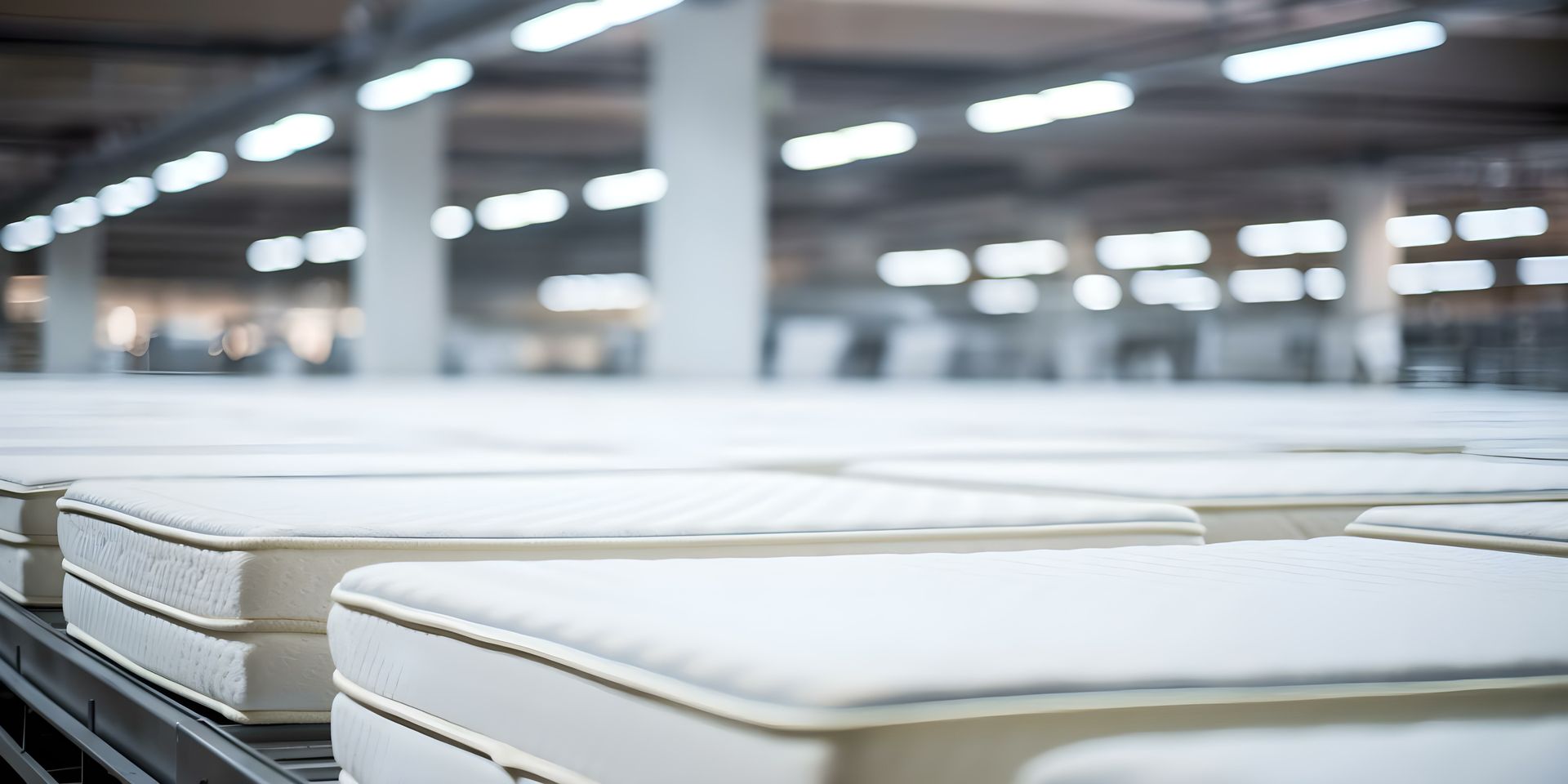 A bunch of mattresses are stacked on top of each other in a factory.