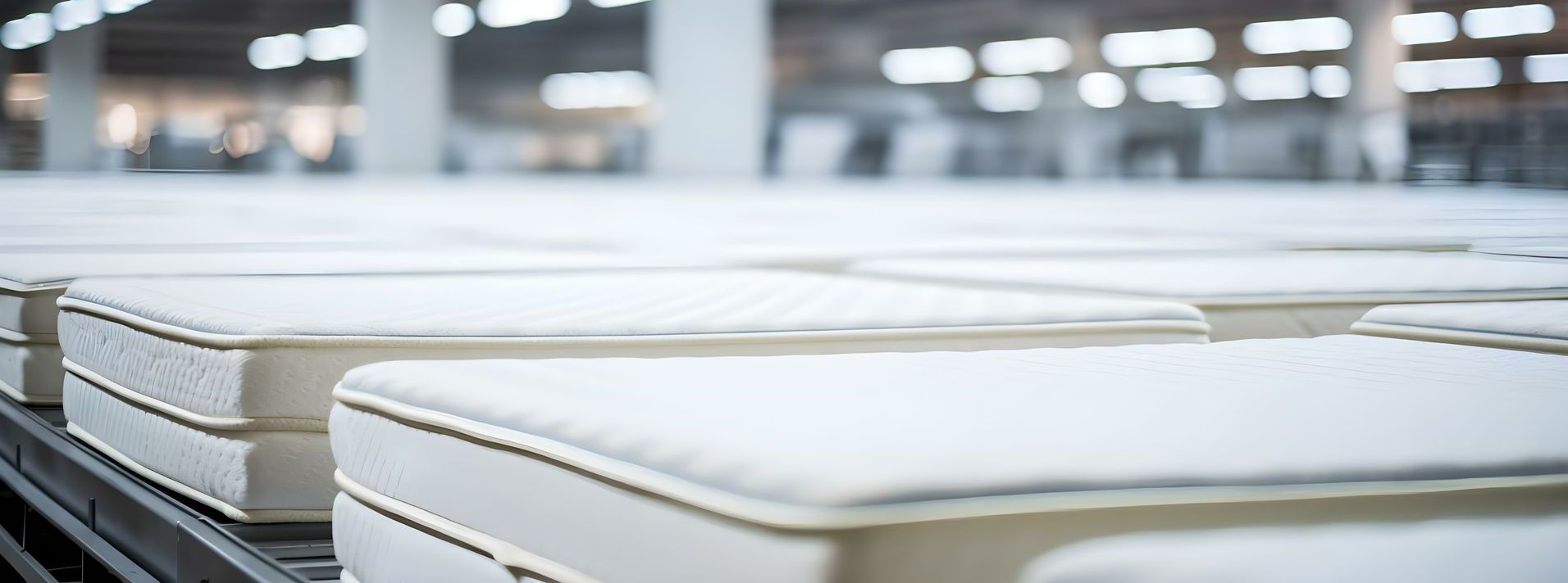 A bunch of mattresses are stacked on top of each other in a factory.