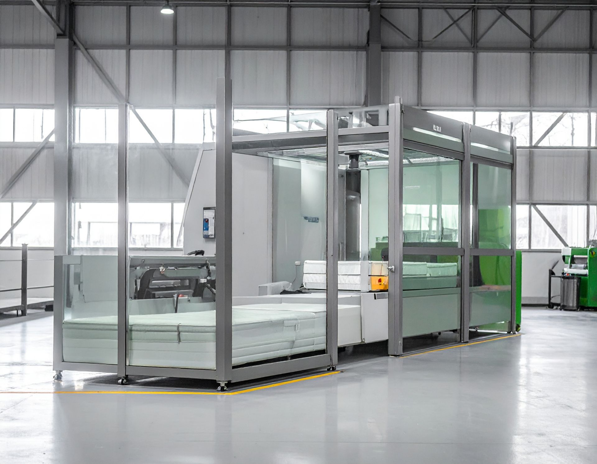Industrial machine with glass panels and stacks of white paper in a factory setting.
