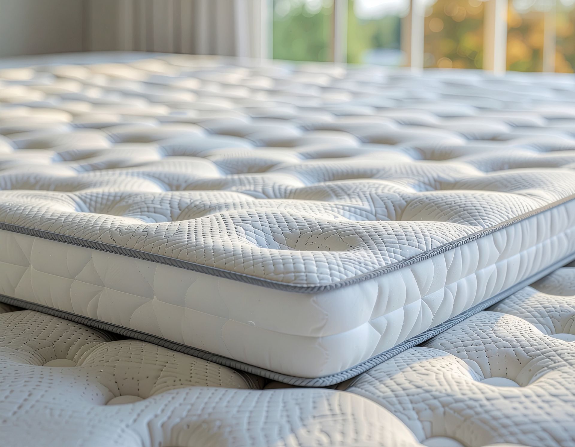 Close-up of a white, tufted mattress corner with a gray border. Sunlight illuminates the surface.