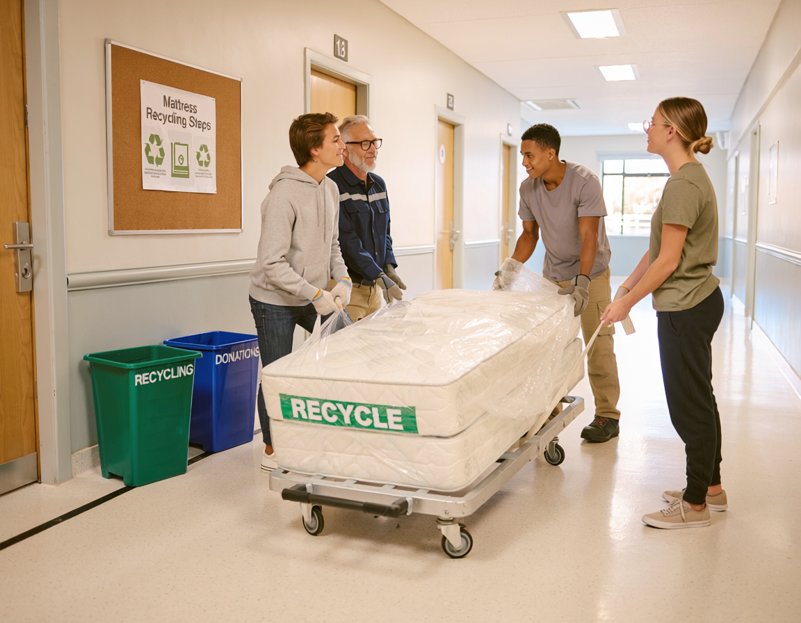 Four people transport a mattress on a wheeled cart labeled