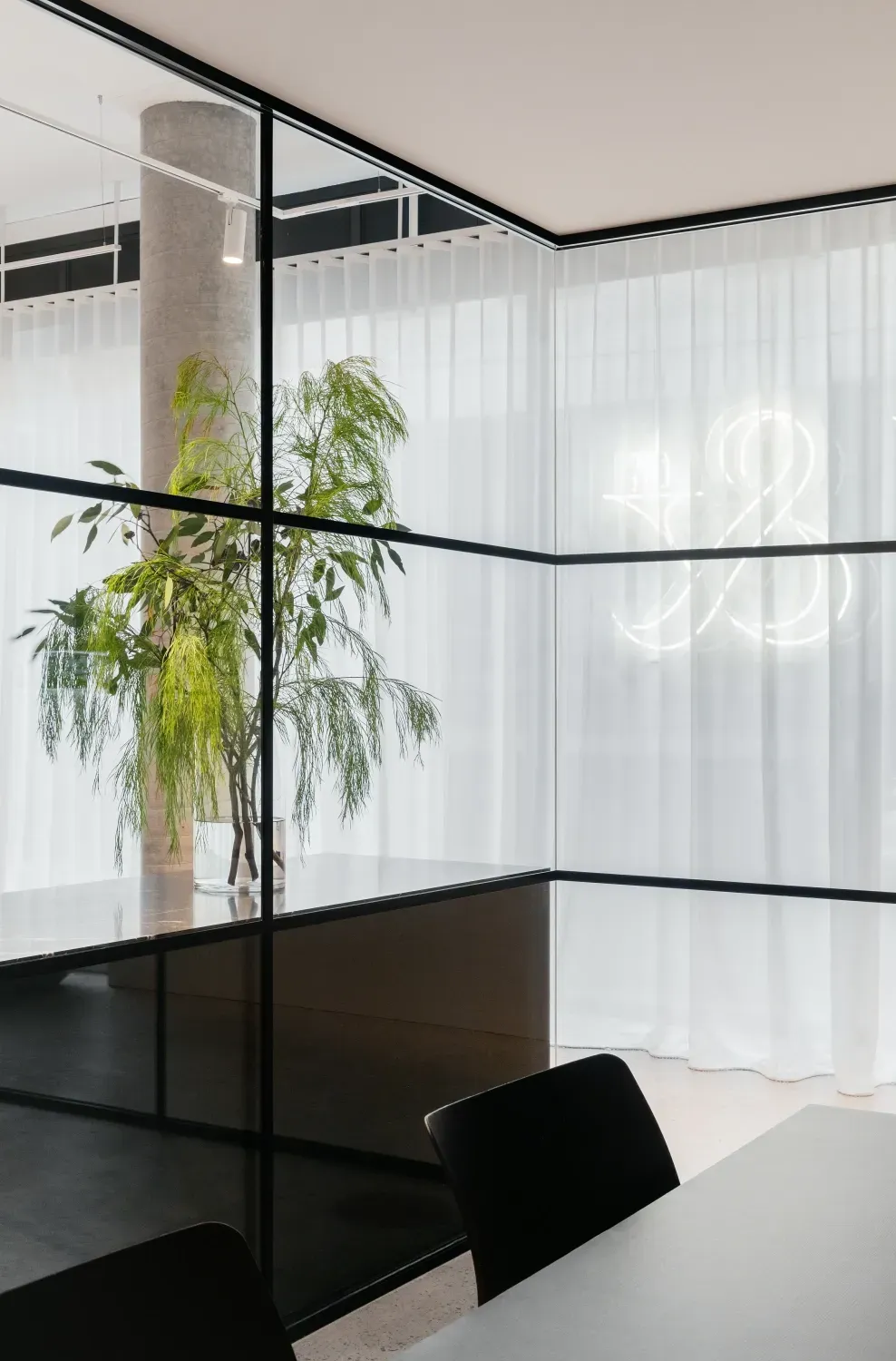 A conference room with a table and chairs and a plant in the window.