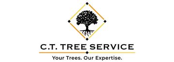 Logo for C.T. Tree Service: tree in a diamond shape above text, "Your Trees, Our Expertise."