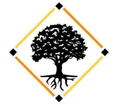 Tree silhouette in a diamond-shaped frame with an orange gradient and black squares.