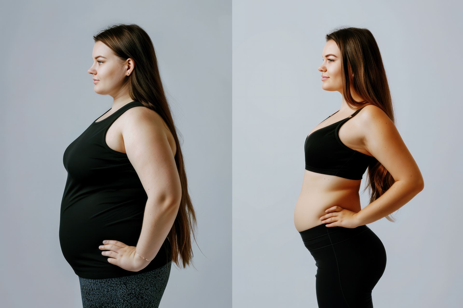 A woman is shown before and after losing weight.