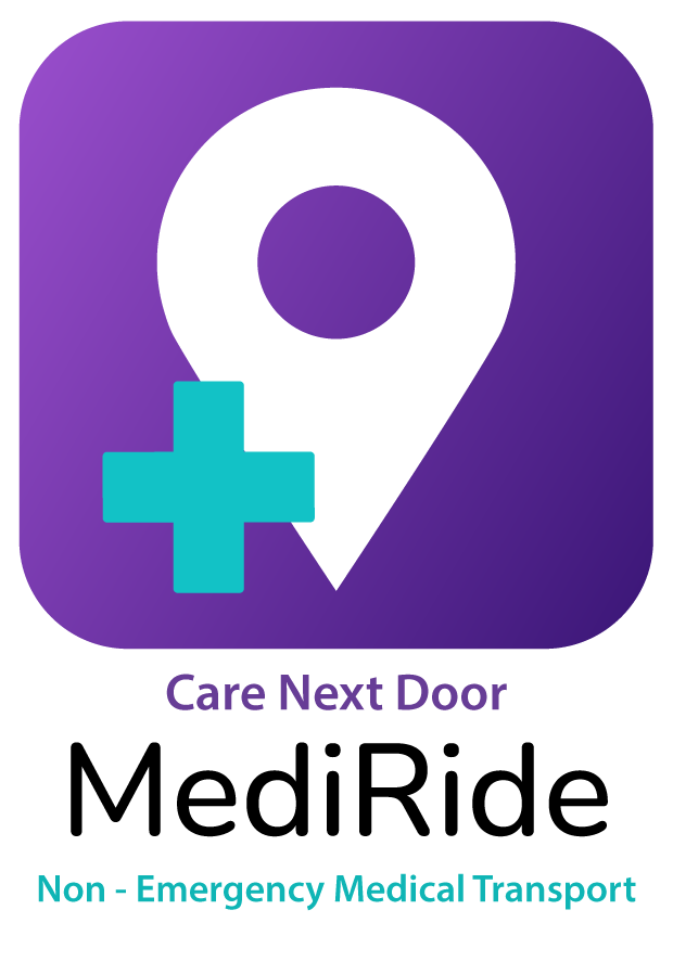 A purple and white logo for mediride non-emergency medical transport