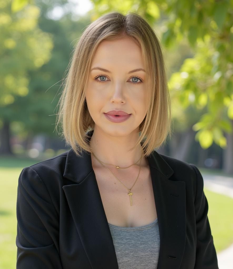 Woman with blonde hair wearing a gray top and black blazer; outdoors, smiling at the camera.