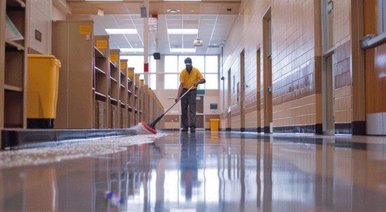 A janitor cleaning a school hallway with a mop and bucket.