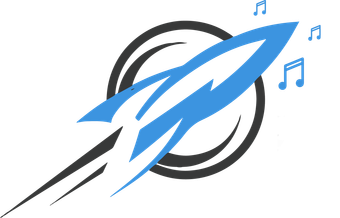 LaunchJingles Blue rocket with black trail, passing through a dark gray circle; musical notes.