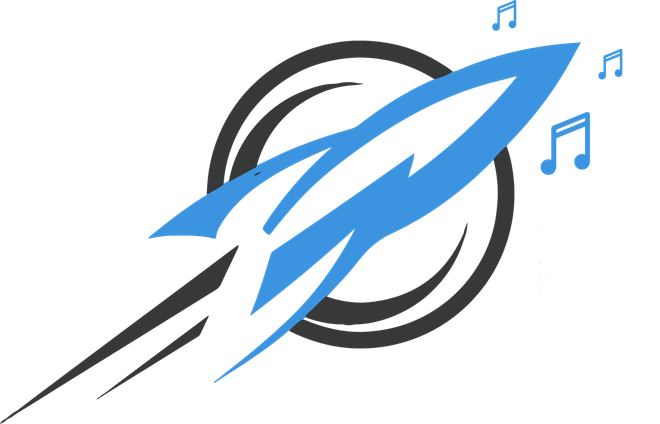 LaunchJingles Blue rocket with black trail, passing through a dark gray circle; musical notes.