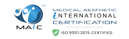 The logo for medical aesthetic international certification is iso 9001 : 2015 certified.