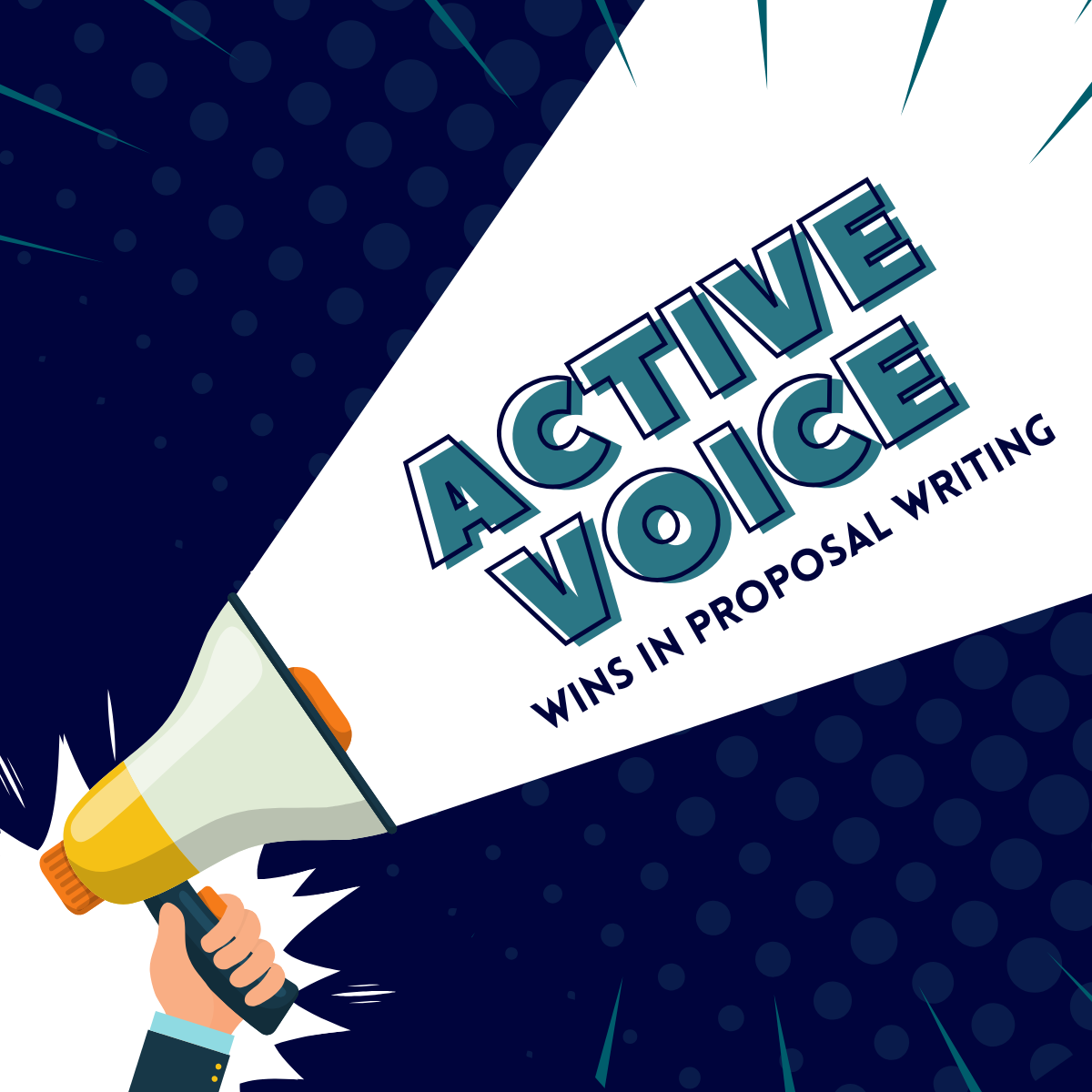 Picture of a bullhorn announcing that active voice wins in proposal writing