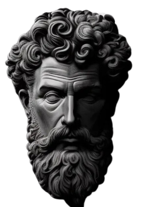 A black and white statue of a man with curly hair and a beard.