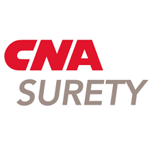 A red and gray logo for cna surety