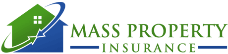 A logo for mass property insurance with a house and arrow