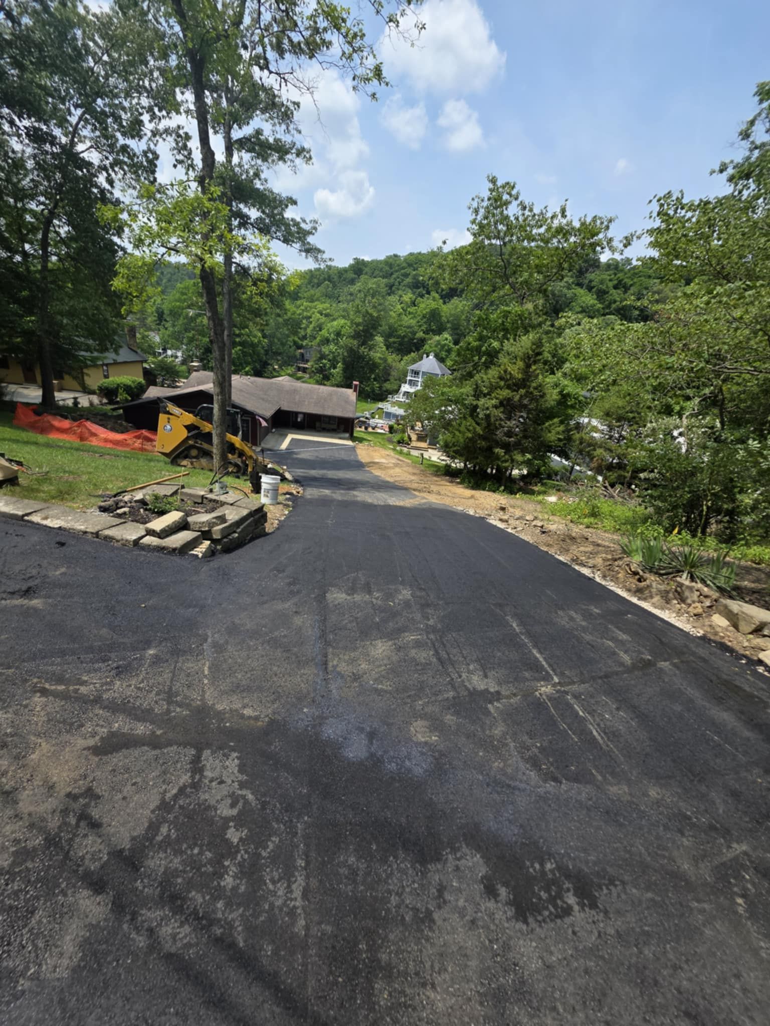 A dirt road going up to a house in the woods.