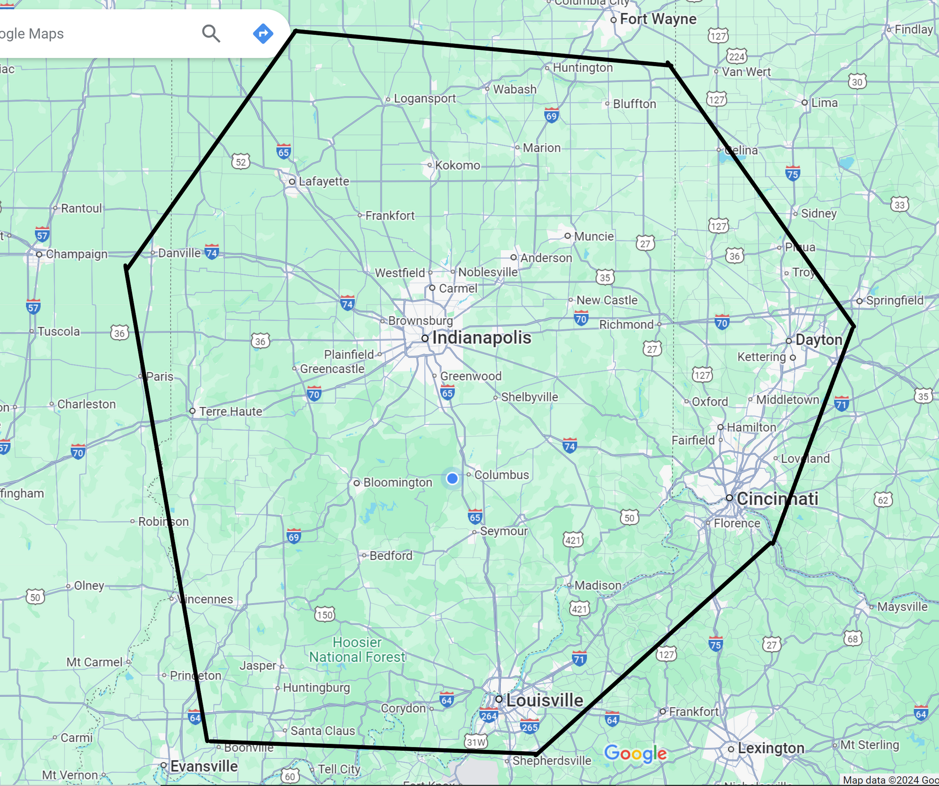Map of Indiana highlighting the Indianapolis area with blue pin markers indicating locations.