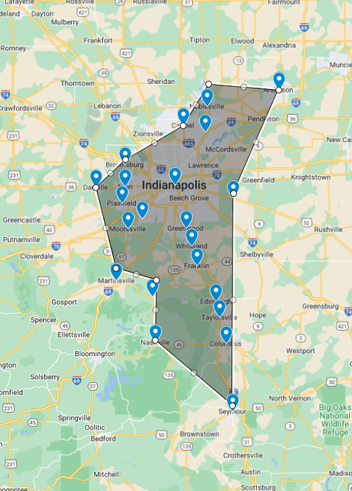 Map of Indiana highlighting the Indianapolis area with blue pin markers indicating locations.