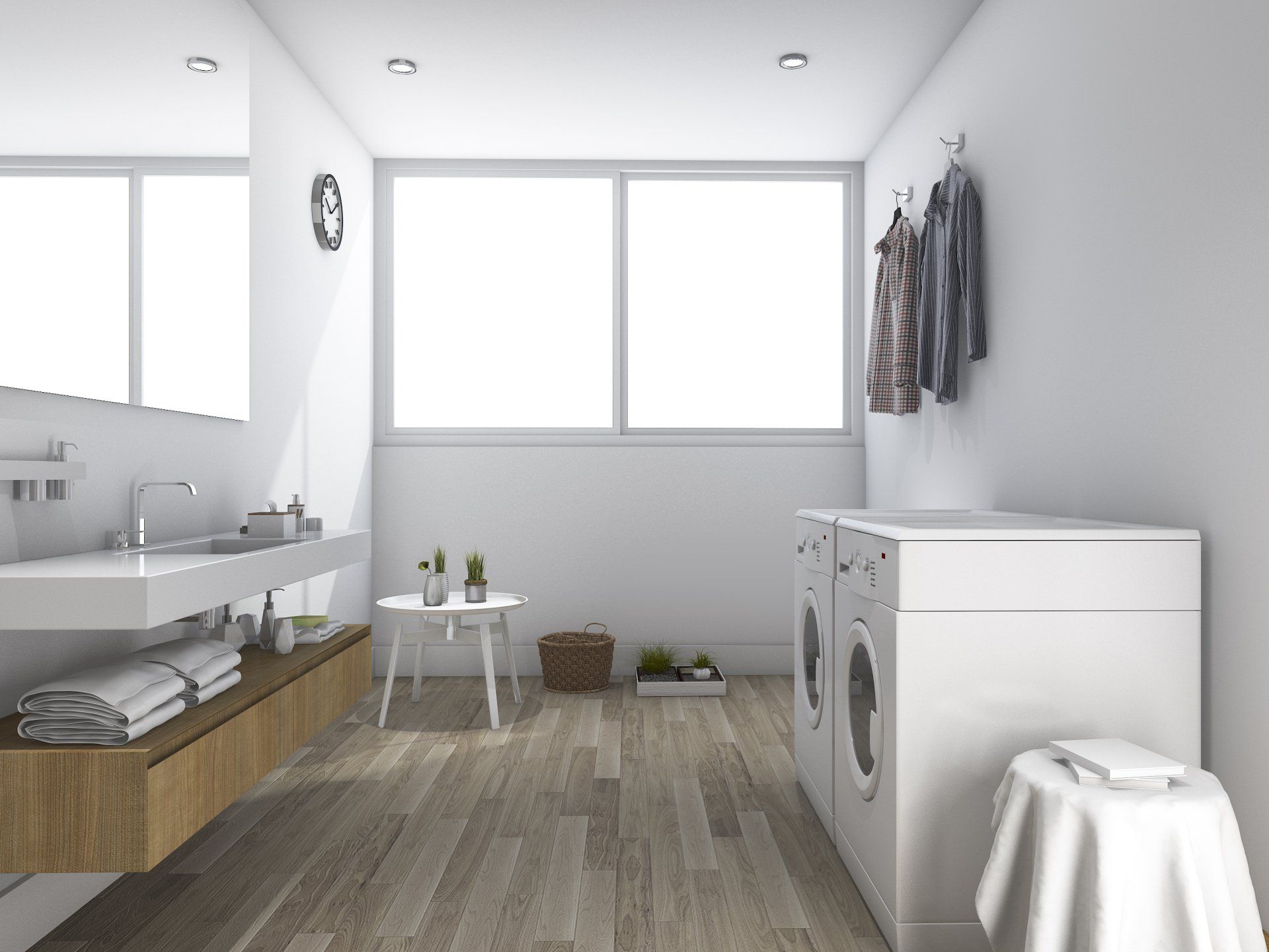 white laundry room with minimal design