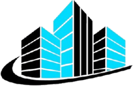 A black and blue building with a swirl around it on a white background.