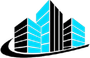 A black and blue building with a swirl around it on a white background.
