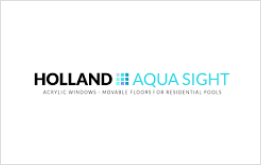 Logo Holland Aqua Sight con testo e griglia color acquamarina, finestre pubblicitarie in acrilico e pavimenti mobili per piscine.