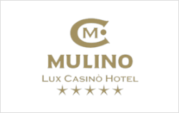 Logo per il Mulino Lux Casino Hotel: stemma dorato, testo e 5 stelle.