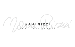Logo per Nani Rizzi con testo corsivo su un testo maiuscolo centrato e lo slogan 
