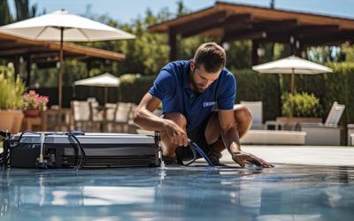 Uomo con camicia blu, vicino alla piscina, esamina l'acqua con un dispositivo. Ambiente esterno soleggiato.