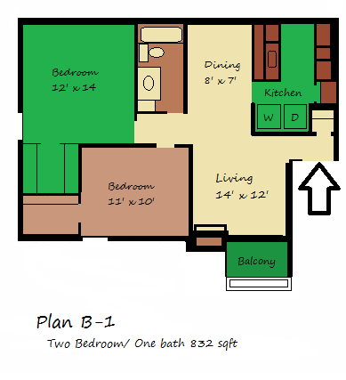 Two Bedroom, One Bathroom Floor Plan