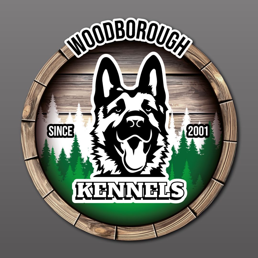 Circular Woodborough Kennels logo with a German Shepherd silhouette, forest background, and 