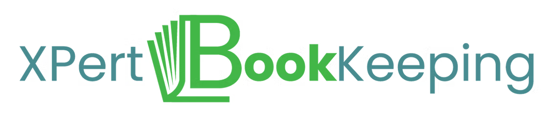 Logo for "xPert Bookkeeping" with a stylized green "B" with book-like lines.