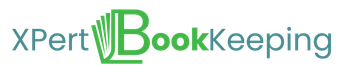 Logo for "xPert Bookkeeping" with a stylized green "B" with book-like lines.